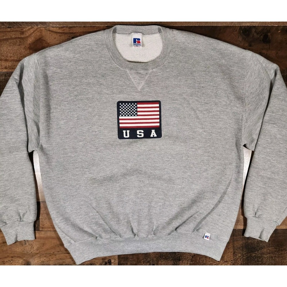 Vintage Russell Athletic USA Flag Sweatshirt Mens XL Gray 90s Crewneck American